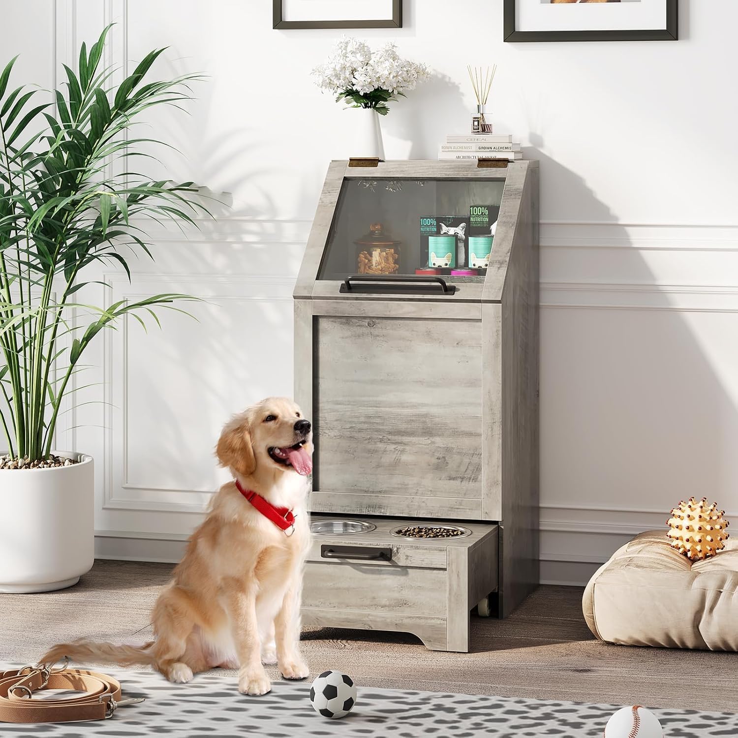 Mueble organizador y estacion de alimentacion para perros de madera color Gris Garvee