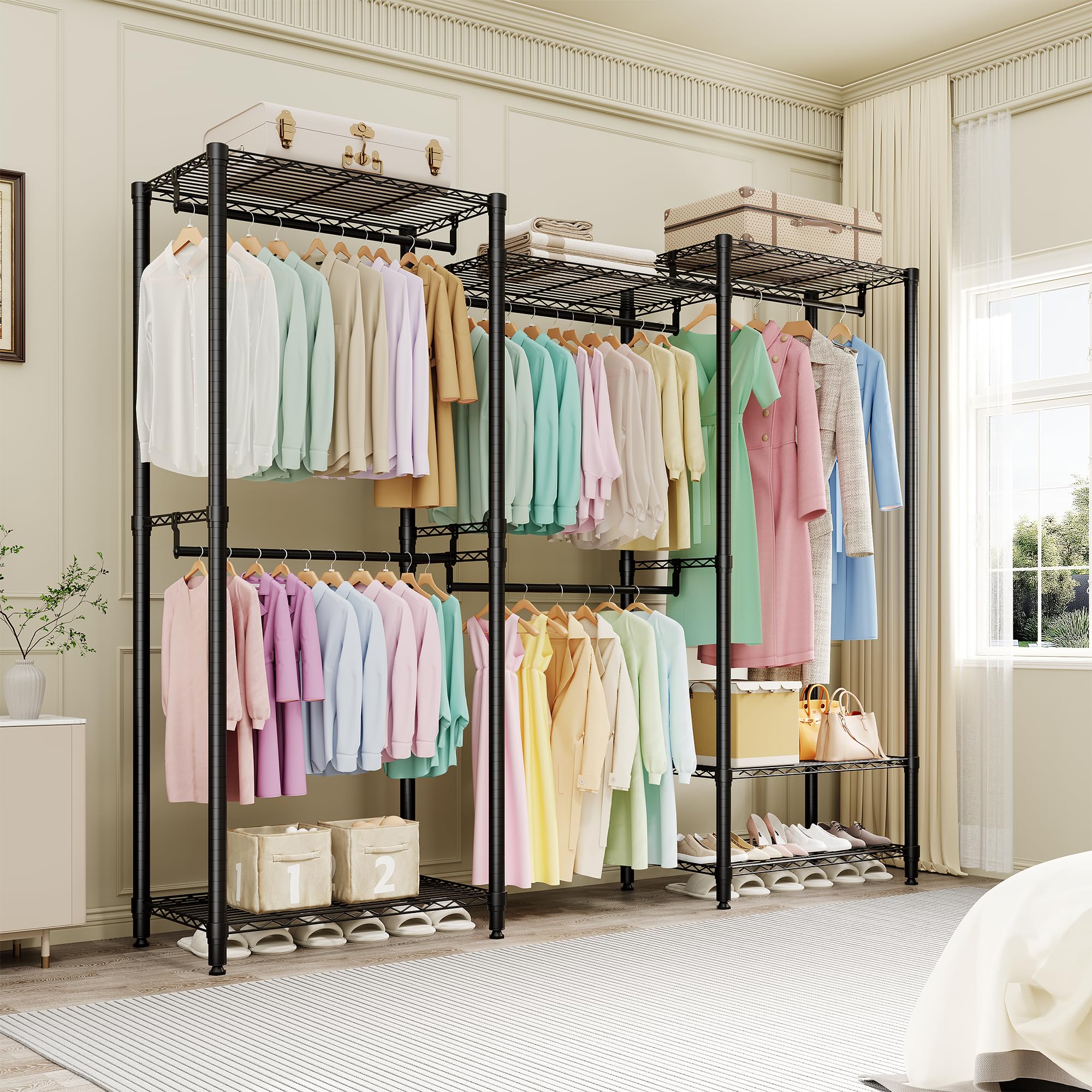 Perchero portatil para ropa resistente de metal color negro de tres secciones modulares Garvee